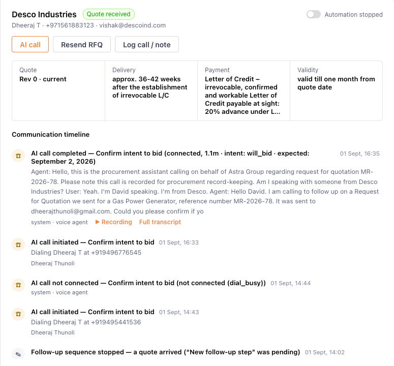 Prosurf vendor communication timeline showing calls, emails and quotation activity