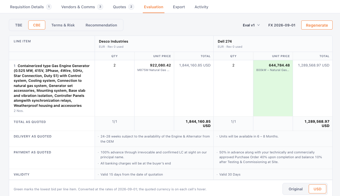 Commercial Bid Evaluation in Prosurf comparing pricing, delivery and payment terms