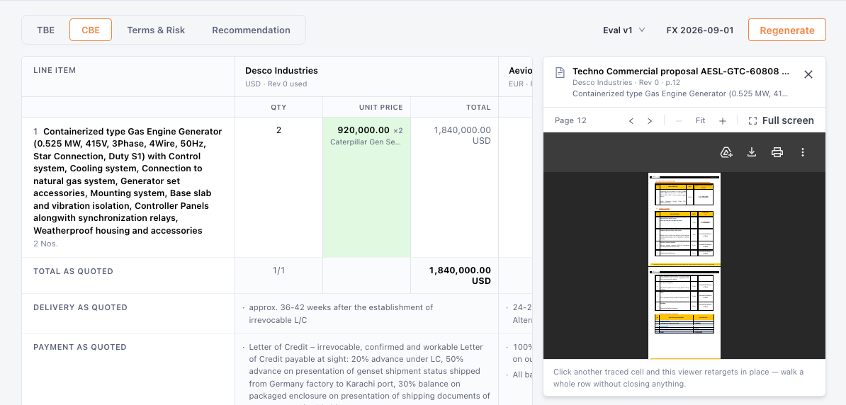 Prosurf traceability view linking a commercial evaluation value to its source quotation page
